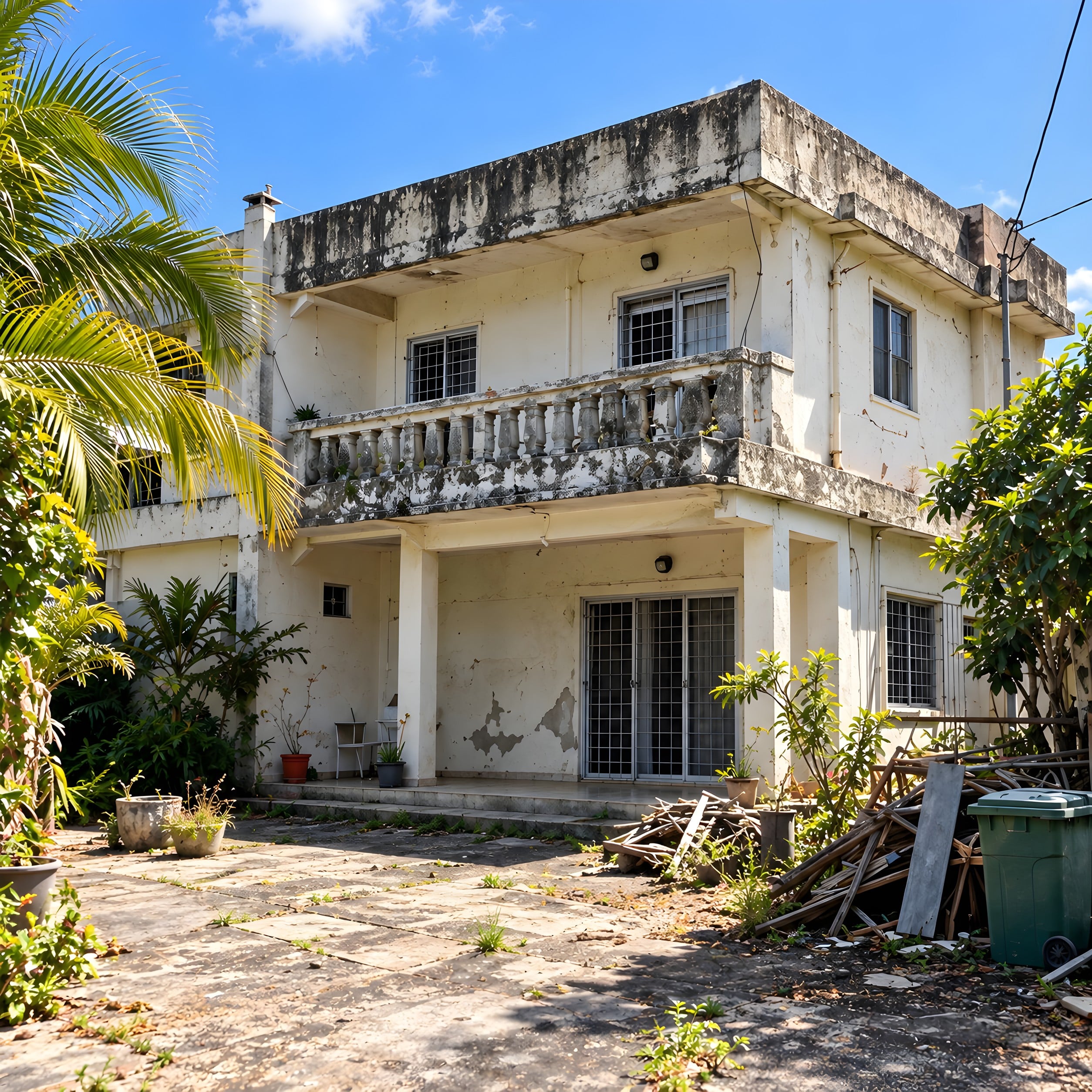 Avant : Maison avant travaux : façade abîmée et cour encombrée